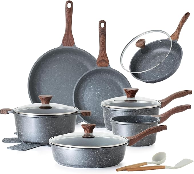 SENSARTE 17 Piece Nonstick Cookware Set includes 9.5 Inch Omelet Pan with Lid Induction Compatible Frying Pan Skillet