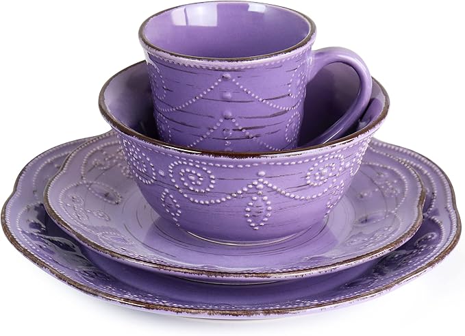 Elama Rustic Birch 16 Piece Stoneware Dinnerware Set in Purple Purple with Brown Accents (EL-RUSTICBIRCH)