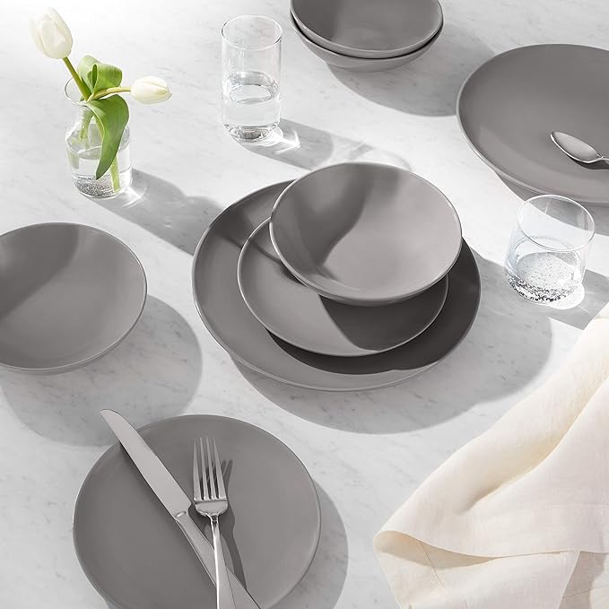 Amazon Basics 18-Piece Stoneware Dinnerware Set Service for 6 Microwave and Dishwasher Safe Plates and Bowls for Everyday Use Smokey Grey