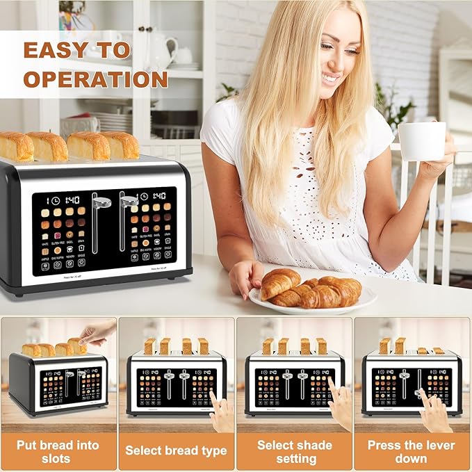 4 Slice Toaster Touch Screen Stainless Steel Toasters Digital Timer Dual Control Panel Toasters 8 Shade Settings 6 Bread Types for Bagel Cancel Defrost 1650W Black