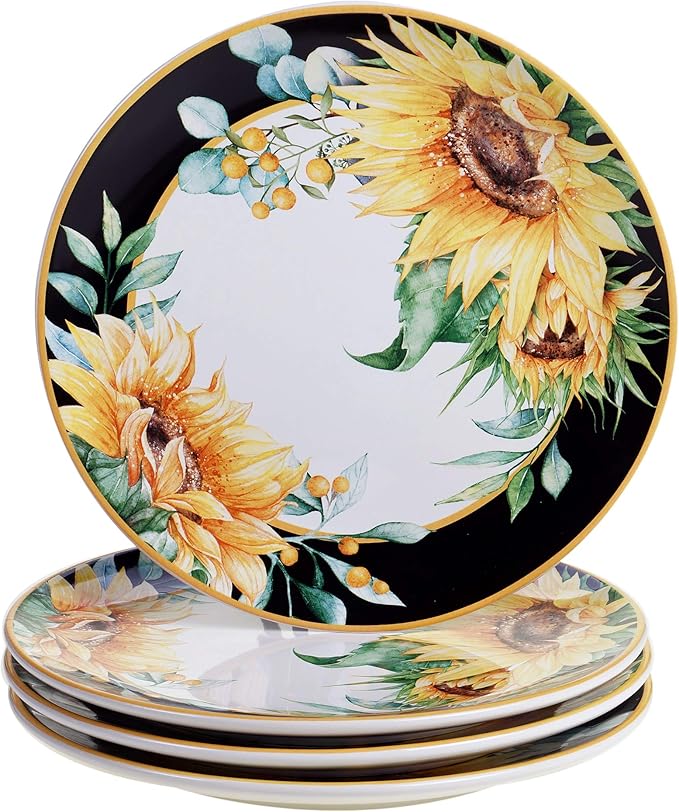 Sunflower Fields 16-Piece Ceramic Dinnerware Set – Great for Fall Gatherings Daily Meals Brunches or Hosting – Service for 4 Includes Dinner Plates Salad Plates Bowls &amp Mugs