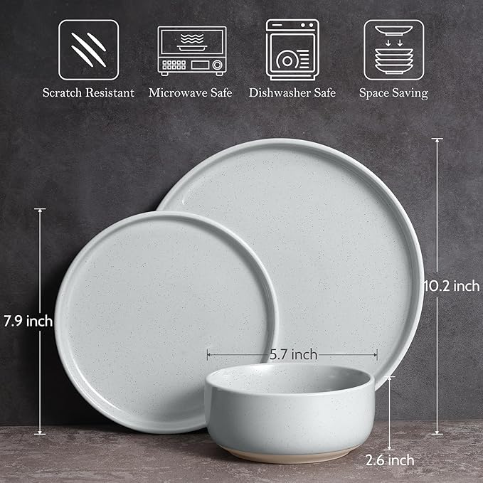 Vesteel 12-Piece Dinnerware set Ceramic Plates and Bowls set with Makeup Clay for 4 Speckled Stoneware Dishes Set for Family Microwave &amp Dishwasher Safe - Light Gray