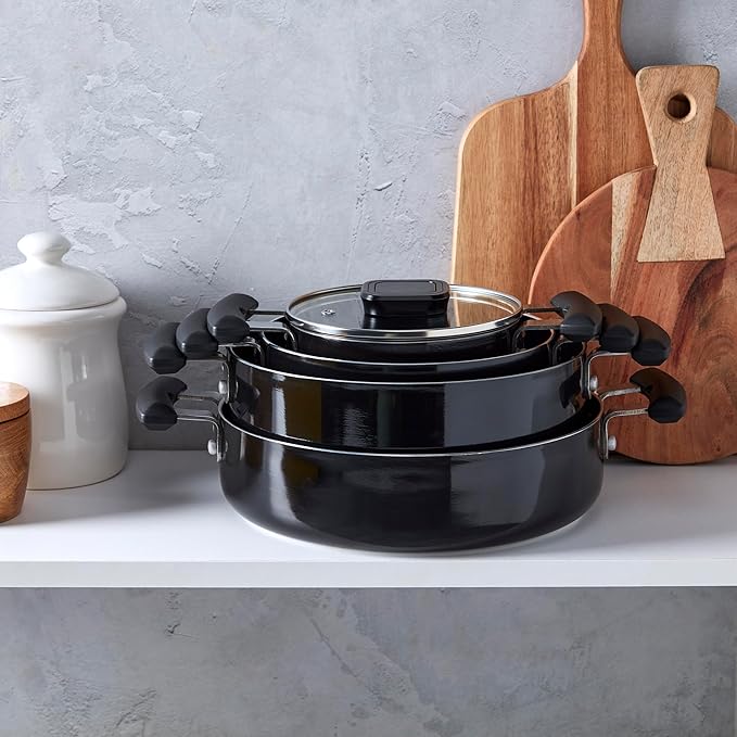 Denmark Tools for Cooks 7 Piece Ceramic Nonstick Aluminum Nesting Cookware Set Pots Pans Black