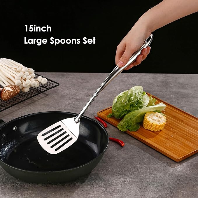 304 Stainless Steel Kitchen Utensil Set - 9 PCS Serving Utensils Cooking Utensil Solid Spoon Slotted Spoon Fork Spatula Ladle Skimmer Spoon Slotted Spatula Tunner Spaghetti Spoon Large Spoon