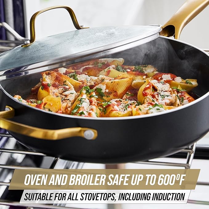 Blue Diamond Gold 12 Piece Cookware Set PFAS-Free Ceramic Nonstick Pots &amp Pans Induction Ready for All Cooktops Kitchen Serving Utensils Dishwasher Safe Black