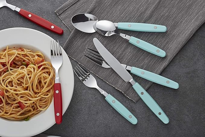 ANNOVA Silverware Set Retro/Rivet Colorful Stainless Steel Tableware Kitchen Flatware Set Utensils Includes Dinner Knives Forks Spoons Salad Forks &amp Dessert Spoons (Turquoise 20 Pieces)
