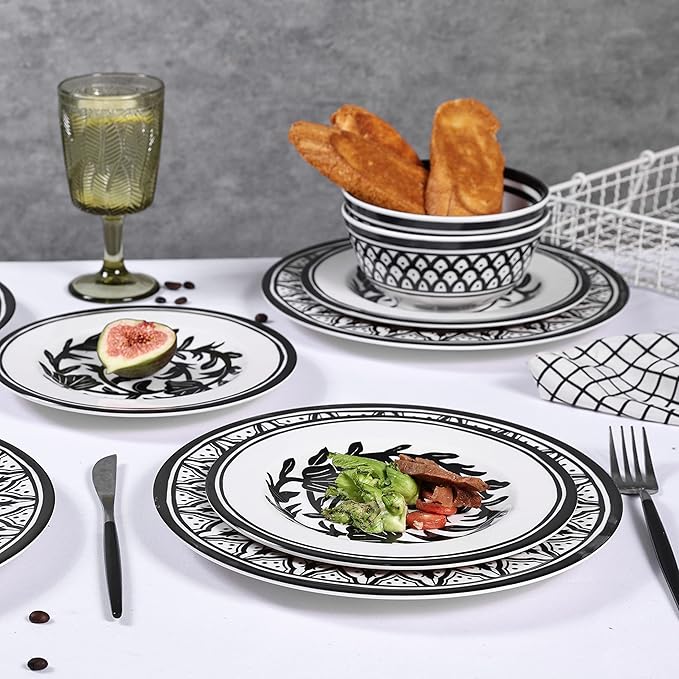 Melamine Dinnerware Sets-12pcs Melamine Plates and Bowls Set Unbreakable Dishwasher Safe Indoor Outdoor Use Ideals for Parties Camping Dish Set Black and White Pattern
