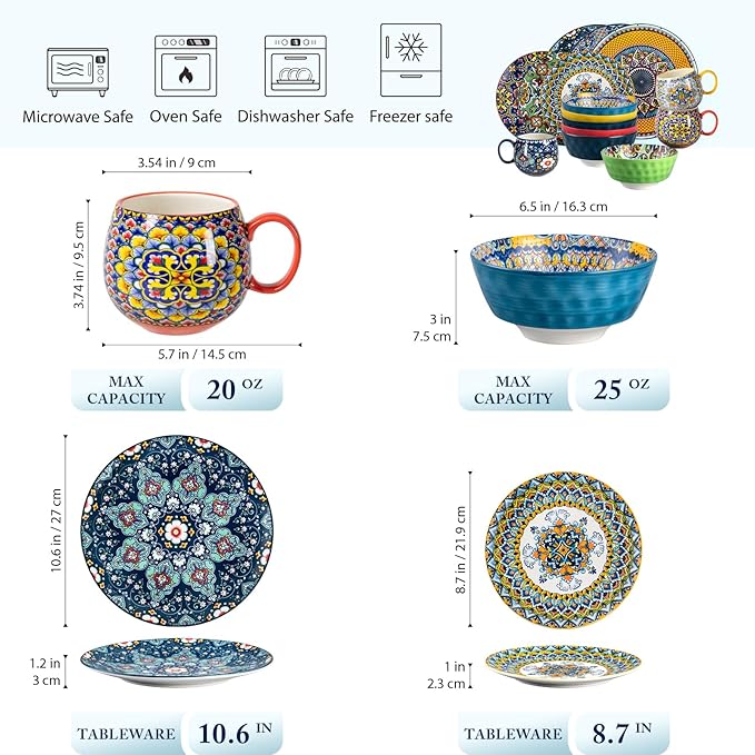 Bohemian Dinnerware Set – 24-Piece Porcelain Dinner Set with 6 Cereal Bowls 6 Dinner Plates 6 Salad Plates &amp 6 Coffee Mugs – Vibrant Hand-Painted Microwave &amp Dishwasher Safe