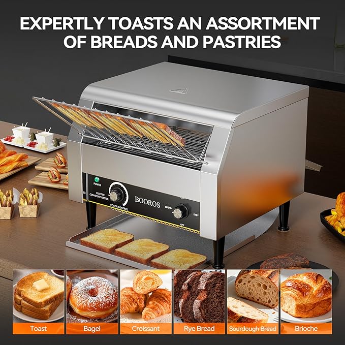BOOROS Commercial Conveyor Toaster 450 Slices/Hour 2640W Heavy Duty Stainless Steel Commercial Toaster Seven Speed Rotating Toasters Machine for Bagels Buns Bread in RestaurantsBakeriesCafes110V