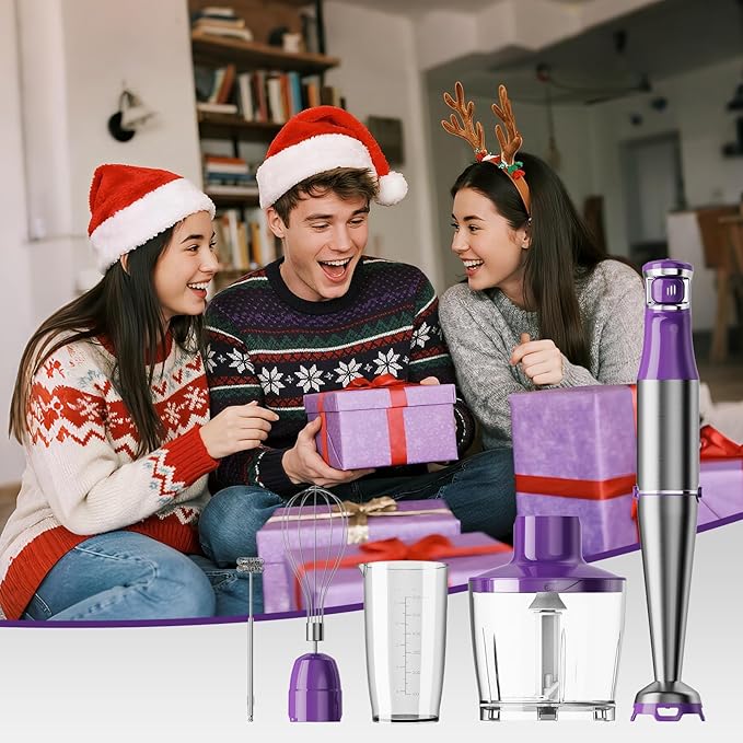 Immersion Blender Handheld Corded Hand Blenders Set 1100W Trigger Variable Speed 5 in 1 Stick Emulsifier with Chopper Whisk and Frother for Soup Baby Food and Smoothies Purple