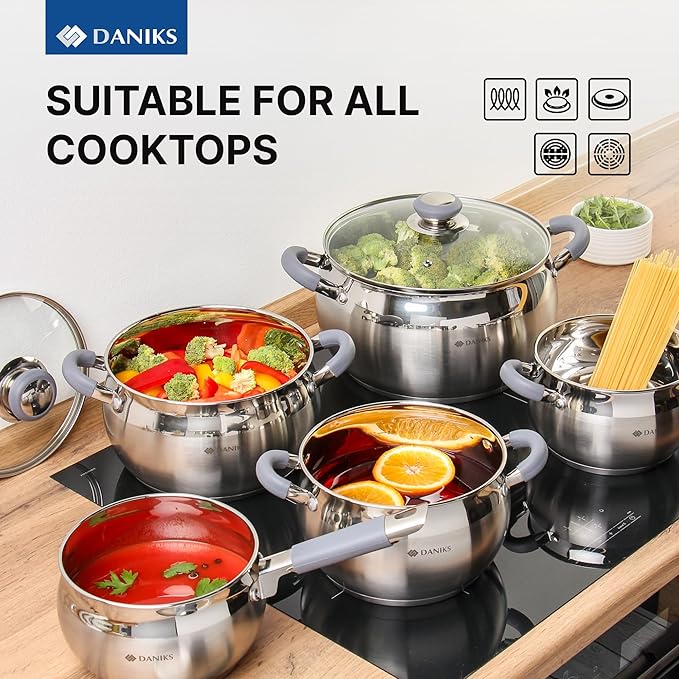 Daniks Modern 11-Piece Stainless Steel Cookware Set with Glass Lids Includes Saucepan and Frying Pan with Lid Tri-Ply Bases for Even Heating Induction Compatible Dishwasher Safe Heatproof Handles