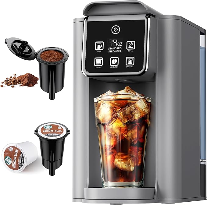 Hot &amp Iced Coffee Maker with Bold Setting Single Serve Coffee Maker for K Cup and Grounds 6-14 Oz Brew Sizes 50 Oz Removable Water Tank One Cup Coffee Machine with Reusable Filter Grey