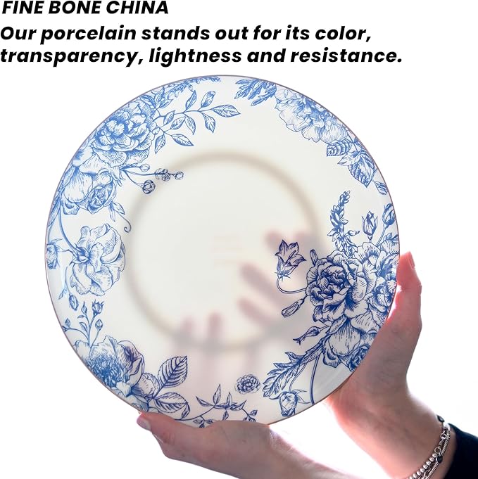 Blue Rose Plates and Bowls Sets Dishes Set for 4 Ceramic Plates and Bowls Set Service for 4 Bone China Dinnerware Set Salad Dessert Plates and Cereal Bowls Set Microwave safe by KOKEN