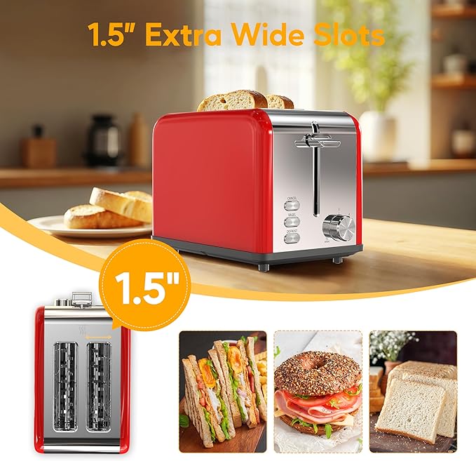 HealSmart 2-Slice Stainless Steel Toaster 6 Browning Setting and 3 Function Toaster Extra Wide Slot &amp Removable Crumb Tray for Bread &amp Waffle Red
