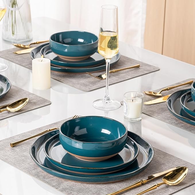 AmorArc Ceramic Dinnerware Sets for 4 12 Pieces Handpainted Plates and Bowls Set with Rustic Terracotta Underside Scratch Resistant Stoneware Dishes Set Dishwasher &amp Microwave Safe