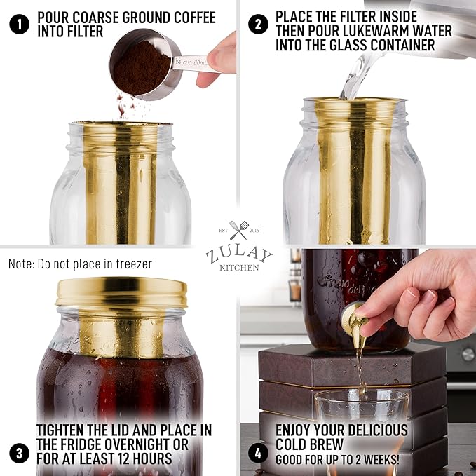 Zulay Kitchen 1.5 Liter Cold Brew Coffee Maker with EXTRA-THICK Glass Carafe &amp Stainless Steel Mesh Filter - Premium Iced Coffee Maker Cold Brew Pitcher &amp Tea Infuser (Gold)