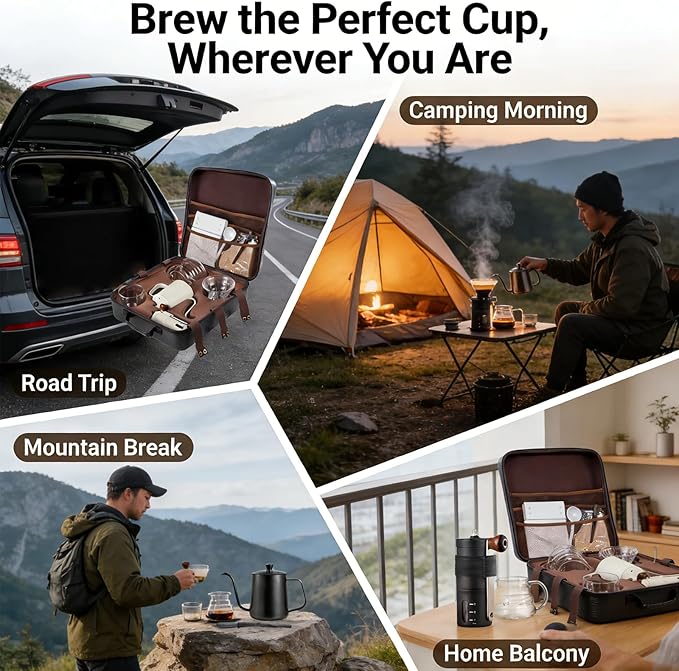 Single Serve Manual Pour Over Coffee Maker Kit - Portable V60 Drip Cone Gooseneck Kettle Glass Carafe &amp Grinder for Travel Camping Home &amp Specialty Brewing (Black)
