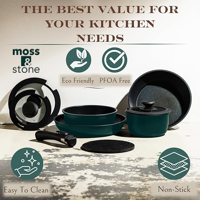 Moss &amp Stone Aluminum Pots And Pans Set Nonstick Removable Handle Cookware Stackable  Dishwasher Safe Induction Camping Cookware Set. (10 Pieces Blue)
