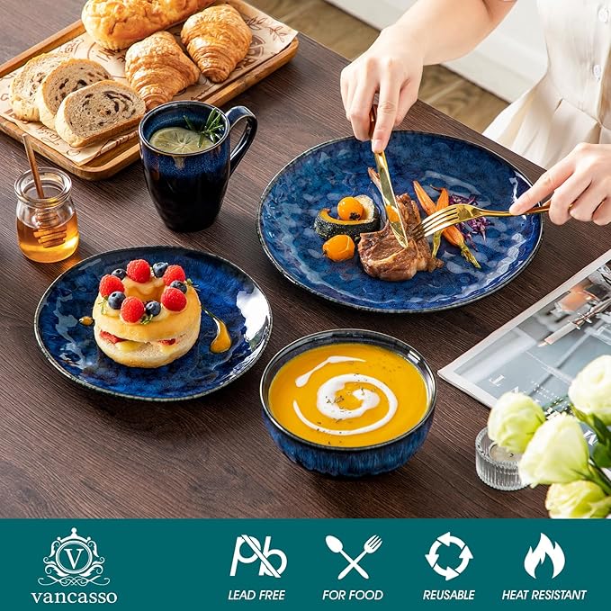 vancasso Starry 16 Pieces Dinnerware Set for 4 Reactive Glaze Blue Stoneware Plates and Bowls Set Dishes Set with Mugs for 4 Microwave &amp Dishwasher Safe