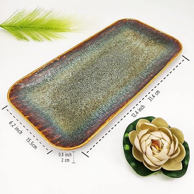 Ceramic Dinner Plates Dish Set Set of 4 Microwave Oven and Dishwasher SafeScratch Resistant Dinnerware Kitchen Porcelain Serving Dishes Brown glaze change 12.4 Inch Rectangle plate