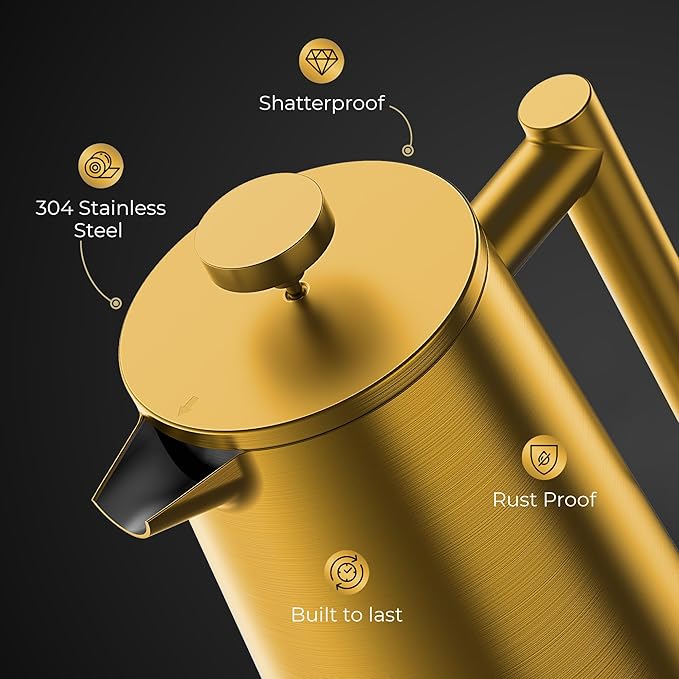 French Press Coffee Maker Stainless Steel French Press 34 Oz / 1L Large Insulated Double Wall Coffee Maker with 3 Extra Mesh Filters Satin Finish Gold