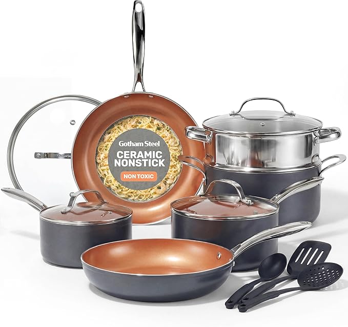 GOTHAM STEEL 15 Pc Ceramic Cookware Set Ceramic Pots and Pans Set Non Stick with Cooking Utensils and Steamer Non Toxic PFOA PFOS Free Premium Stay Cool Handles Oven &amp Dishwasher Safe