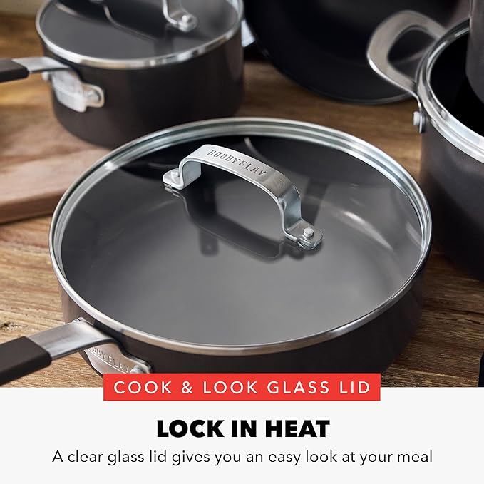 GreenPan x Bobby Flay 13 Piece Nonstick Cookware Pots and Pans Set PFAS-Free Diamond Ceramic Induction Suitable Easy Clean Dishwasher &amp Oven Safe Stay-Cool Silicone Handles Glass Lids Black