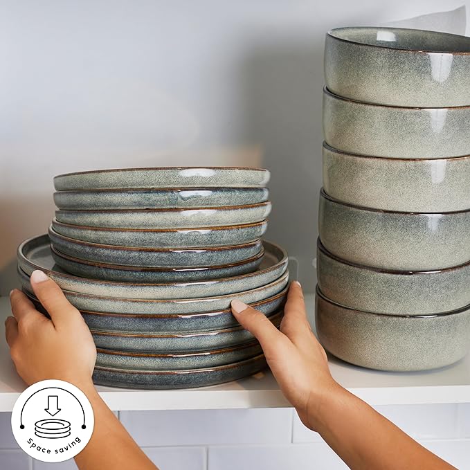 Karaca New Skal 18-Piece Dinnerware Sets for 6 People Modern Design Stoneware Dinner Set Kitchen Plates Bowls Reactive Glaze Dishwasher &amp Microwave Safe Dish Set