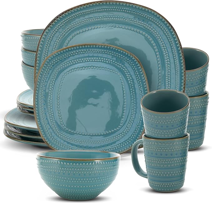 American Atelier 16-Piece Teal Stoneware Dinnerware Set - Includes Dinner Plates Salad Plates Bowls Mugs