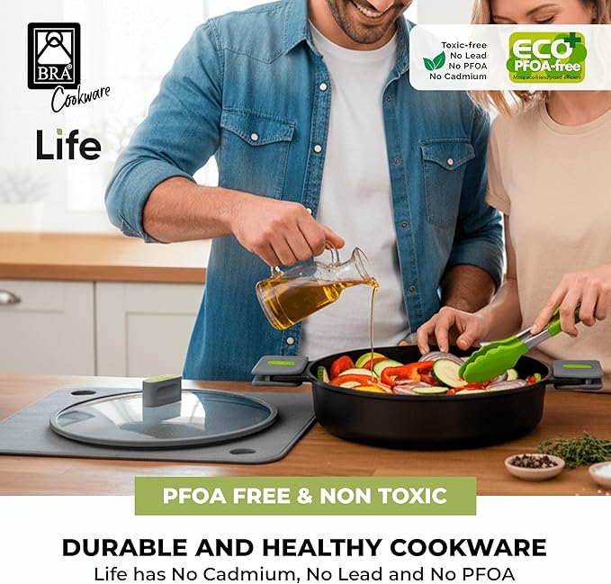 BRA COOKWARE Life 5-Piece Ceramic Cookware Set | Recycled Cast Aluminum Pots &amp Pans Set w/ 1 Sauté Pan 2 Pan 1 Wok 1 Lid | Ceramic Non-Stick Coating | All Stovetos | PFOA Free