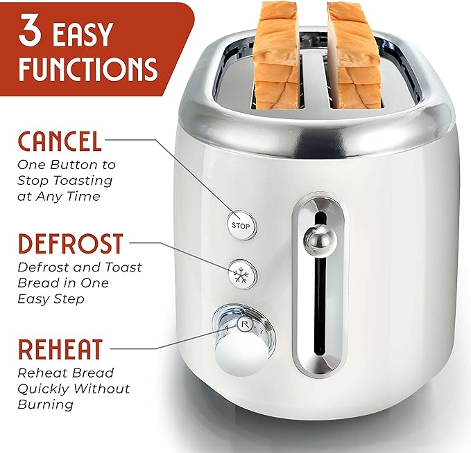 MUELLER HOME Retro Toaster 2 Slice 7 Browning Levels 3 Functions (Reheat Defrost Cancel) Stainless Steel Features Removable Crumb Tray Under Base Cord Storage White Toaster Kitchen Appliances