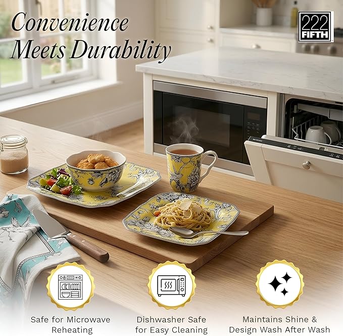 222 Fifth Adelaide 16-Piece Square Floral Dinnerware Set – Service for 4Yellow Porcelain Big Dinner Plates and Bowls Sets for Everyday Entertainment Microwave &amp Dishwasher Safe Chip Resistant