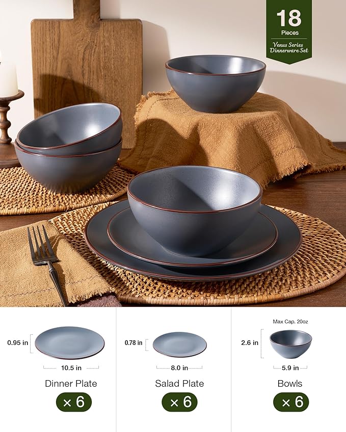 Famiware Venus Plates and Bowls Sets 18 Pieces Stoneware Speckled Dinnerware Dishes Set for 6 Matte Charcoal - Microwave &amp Dishwasher Safe Modern Minimalist for Everyday Meals &amp Formal Din