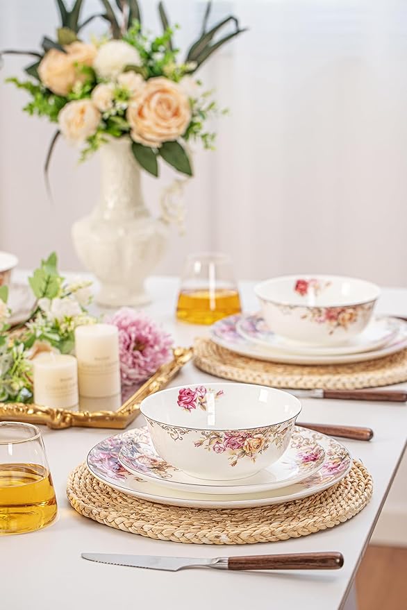 Dinnerware Sets Plates Set with Bowls Artistic 12-Piece Ceramic Dinnerware for Home Restaurant Chip and Scratch Resistant Microwave and Dishwasher Safe Rose Collection