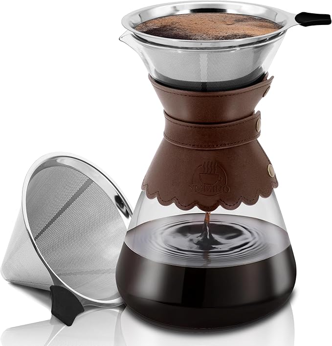 34oz Pour Over Coffee Maker with Double Layer Stainless Steel Filter Borosilicate Glass Dripper Detachable Heat-Resistant Leather Pad 7-8 Cups Coffee Maker Carafe（Dark brown）