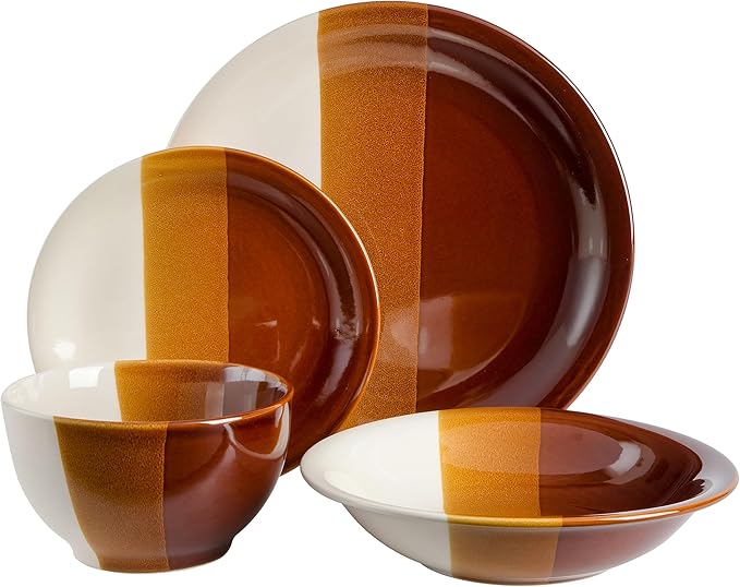 Gibson Elite Autumn Canopy Stoneware Double Bowl Plates and Bowls Dinnerware Set Service for 4 (16pcs)