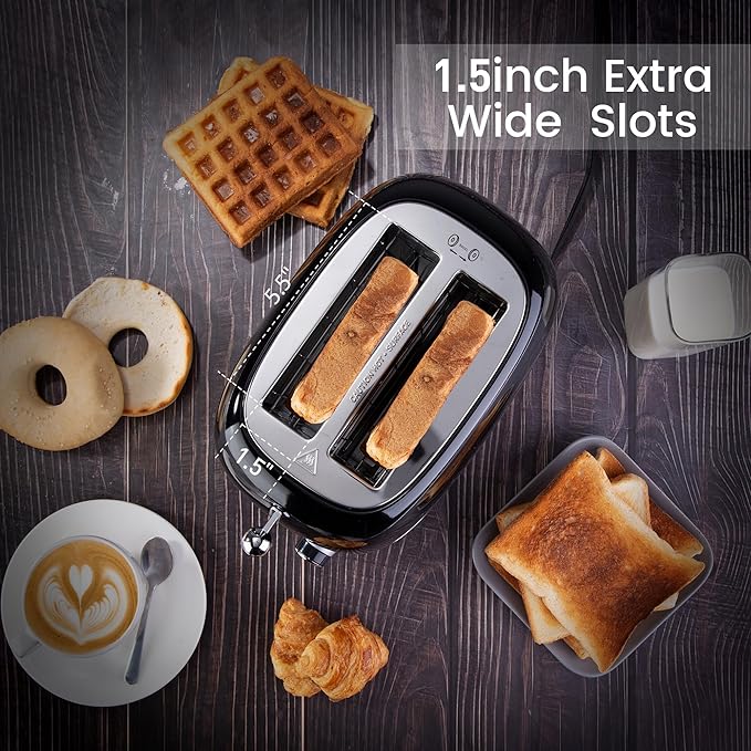 Roter Mond 2 Slice Toaster Retro Stainless Steel with Bagel Cancel and Defrost Functions 6 Bread Shade Settings Extra Wide Slots and Removable Crumb Tray Black