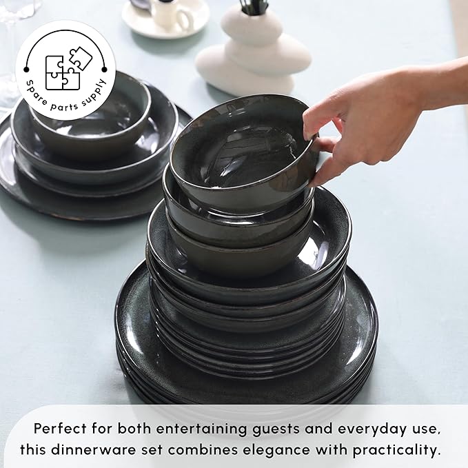 Karaca Fein 24 Piece Reactive Glaze Dinner Set for 6 People Modern Design with Unique Handcrafted Patterns Durable Kitchen Plates and Bowls Sets Stoneware Dinnerware &amp Dishwasher Safe