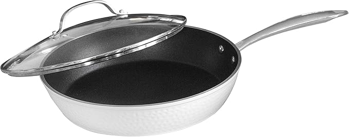 Luxurious Non-Stick Ceramic 12 Inch White Hammered Pan with Lid Lightweight Scratch-Resistant Dishwasher Safe Oven Safe up to 500°F Suitable for All Stove Types