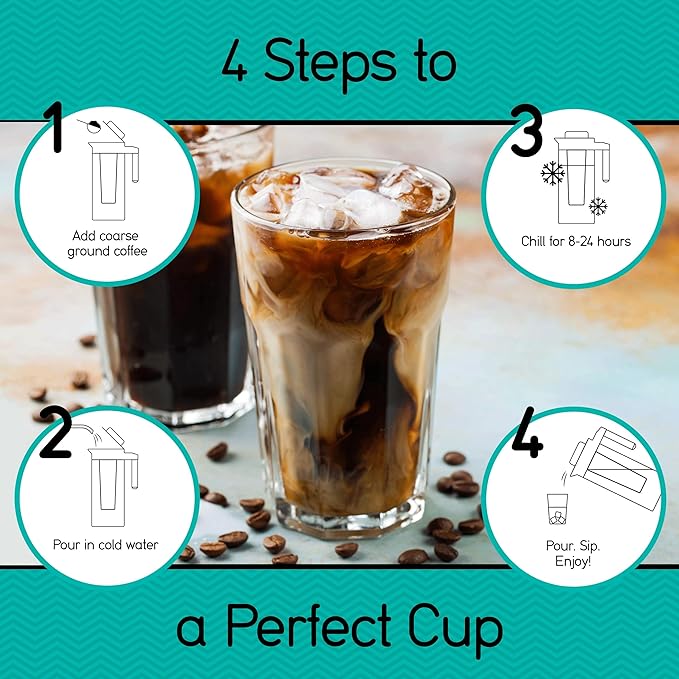 Coffee Gator Cold Brew Coffee Maker - 47 oz Iced Tea and Iced Coffee Maker and Pitcher with Borosilicate Glass Carafe Filter - Black