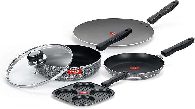 Sumeet NonStick Musta Cookware Set (Mini Multi Snack Maker - 4 Cavity -19.5cm + Frypan with Glass Lid - 1.5Ltr - 22Cm Dia + Tapper pan - 0.6Ltr - 20Cm Dia + Conceve/Roti Tawa - 28Cm Dia)
