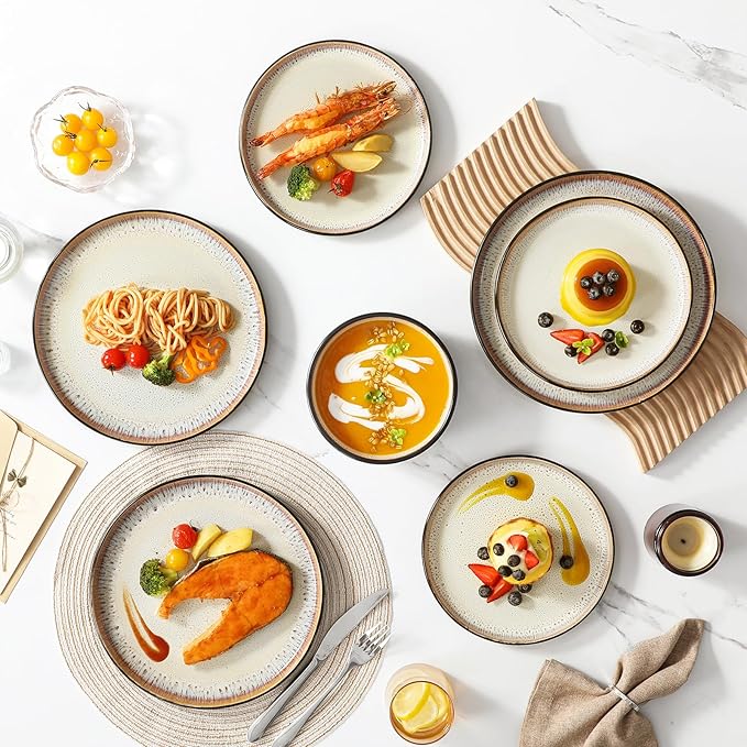vancasso Plates and Bowls Sets 24 Pieces Stoneware Dinnerware Sets for 8 Kitchen Dish Set Mircowave and Dishwasher Safe Ceramic Dishware Light Cream Series AMBER