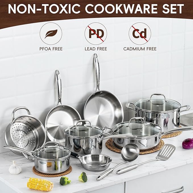 Tri Ply Stainless Steel Cookware Set 16-Piece Stainless Steel Pots and Pans Set with Kitchen Utensils and Steamer Non-Toxic Multiclad Induction Oven Compatible Dishwasher Safe