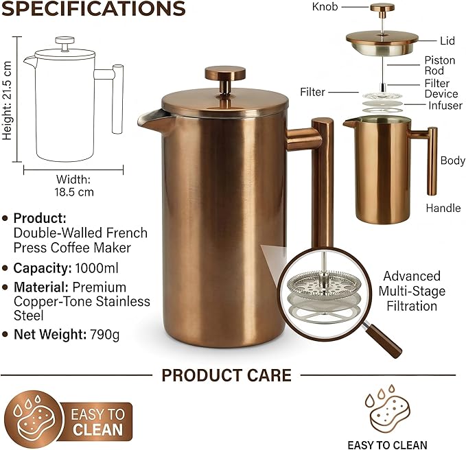 YJX 34oz Coffee Maker Stainless Steel French Press 1 Liter Camping Coffee Pot Tea Maker 34 Ounce Travel Coffee Presses Heat Resistant Double Insulated (Coppery)