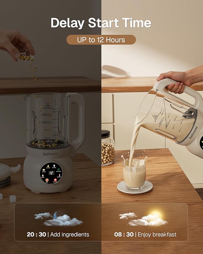 Behome Nut Milk Maker – Glass Plant Milk Machine for Almond Oat &amp Soy Milk Self-Cleaning Vegan Milk Maker with No-Soak Beans Delay Start &amp Keep Warm Dairy-Free Beverage Maker 110V