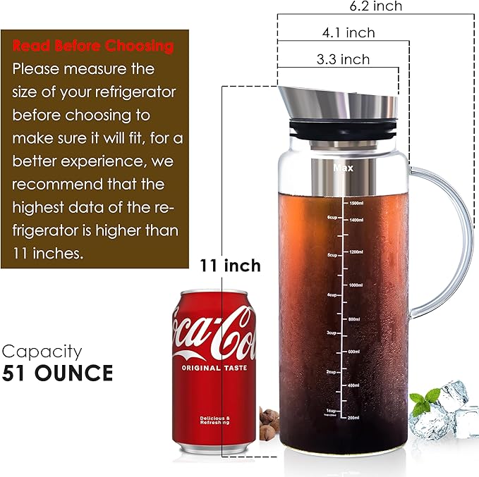 Aquach Cold Brew Coffee Iced Tea Maker &amp Fruit Pitcher - Large Capacity 51 Ounces - with Durable Glass Carafe/Fine Mesh Steel Infuser/Airtight Lid