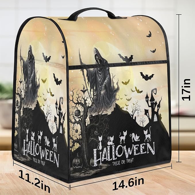 cfpolar Kitchen Aid Mixer Cover Compatible with 6-8 Quarts Halloween Grim Reaper Bat Stand Mixer Cover Kitchen Aid Mixers Accessories Appliance Organizer Bag Dust Covers with Zipper Pocket