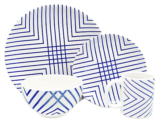 Melange Porcelain 16-Piece Dinnerware Set | Indigo Checks Collection | Service for 4| Microwave Dishwasher &amp Oven Safe | Dinner Plate Salad Plate Soup Bowl &amp Mug (4 Each)