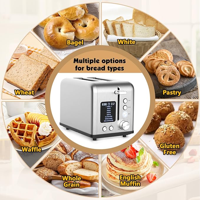 2-Slice Bagel Toaster Stainless Steel with Screen- Single Slice Function for Single-Sided Stuffed Bagel 8 Bread Types 6 Browning Levels LED Countdown Timer Defrost/Reheat/Cancel 825W