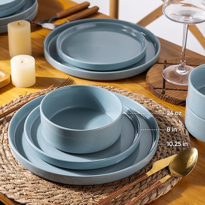 AmorArc Ceramic Dinnerware Set for 6 | Speckled Stoneware Plates and Bowls with Rustic Terracotta Underside| Scratch ResistantDishwasher &amp Microwave Safe Dishes Sets- 18pcs Blue